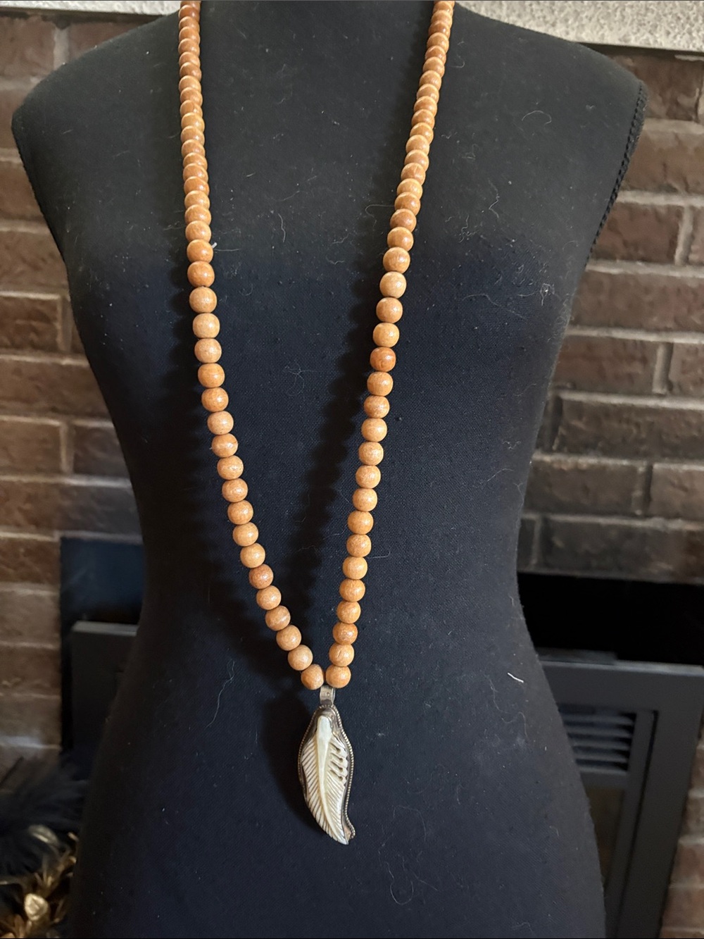 Wood Bead Necklace with Leaf Pendant - Brown